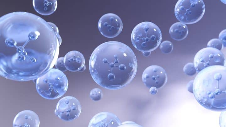 Rendu 3D de molécules d'eau en suspension contenant des produits chimique : traitement des PFAS dans l'eau (polluants éternels) - Aquastrat, Conseil, Expertise et Stratégie
